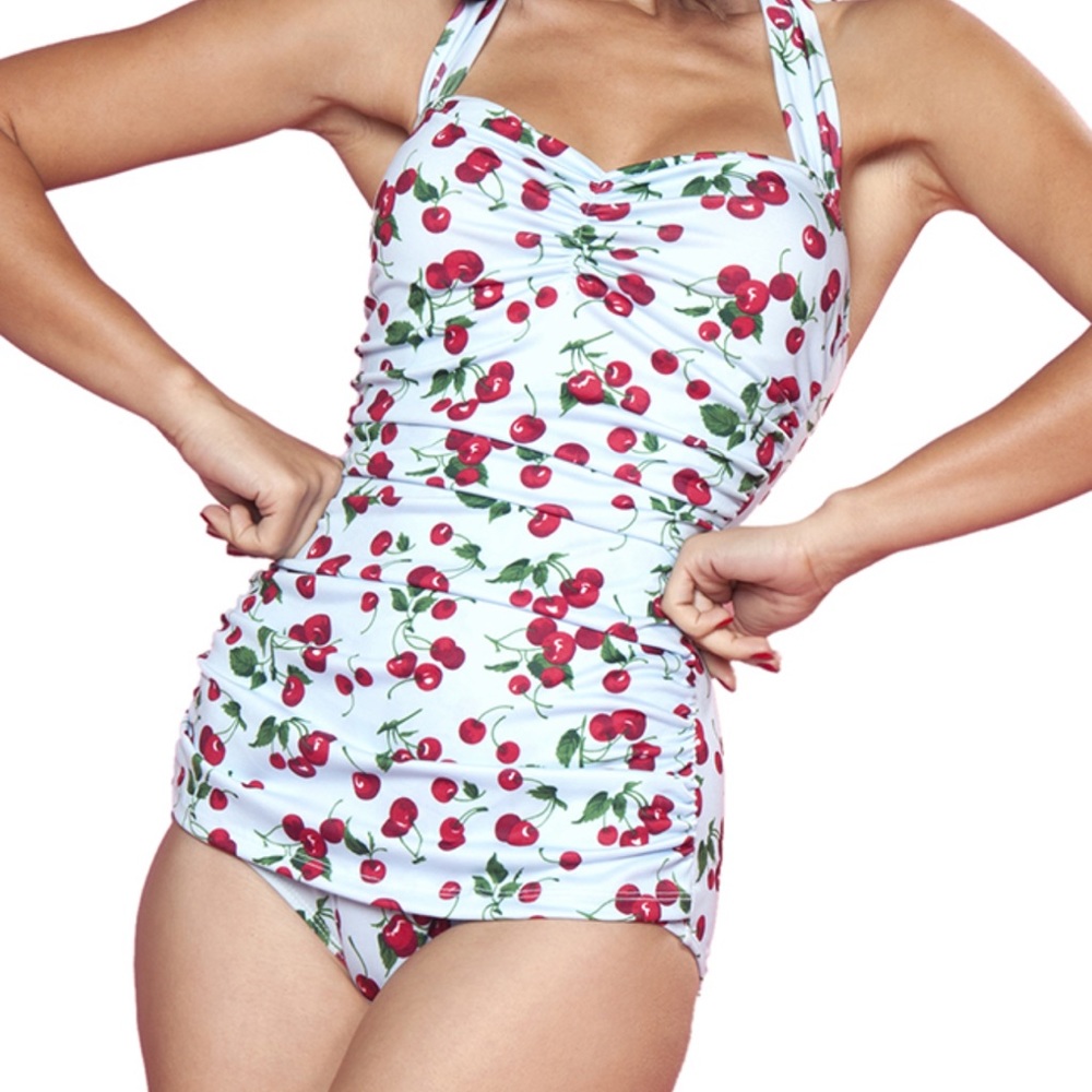 Vintage inspired cherry print one piece swimsuit.